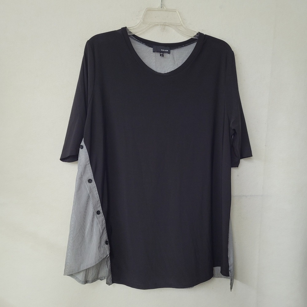 Sun Kim XL Black Tunic Top Button Accent Stripes‎ Made in USA Short Sleeve